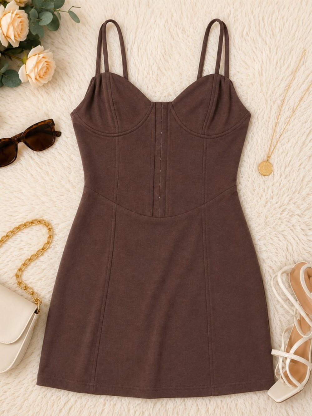 NWT Brown Corset Bodycon Mini Dress Size Medium Adjustable Straps Mocha Stretch
